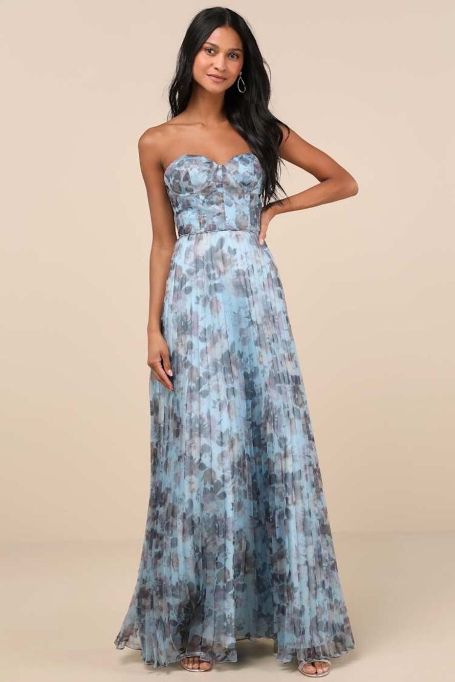 NWT Lulus Most Beautiful Day Blue Multi Floral Print Organza Maxi Dress Resort L